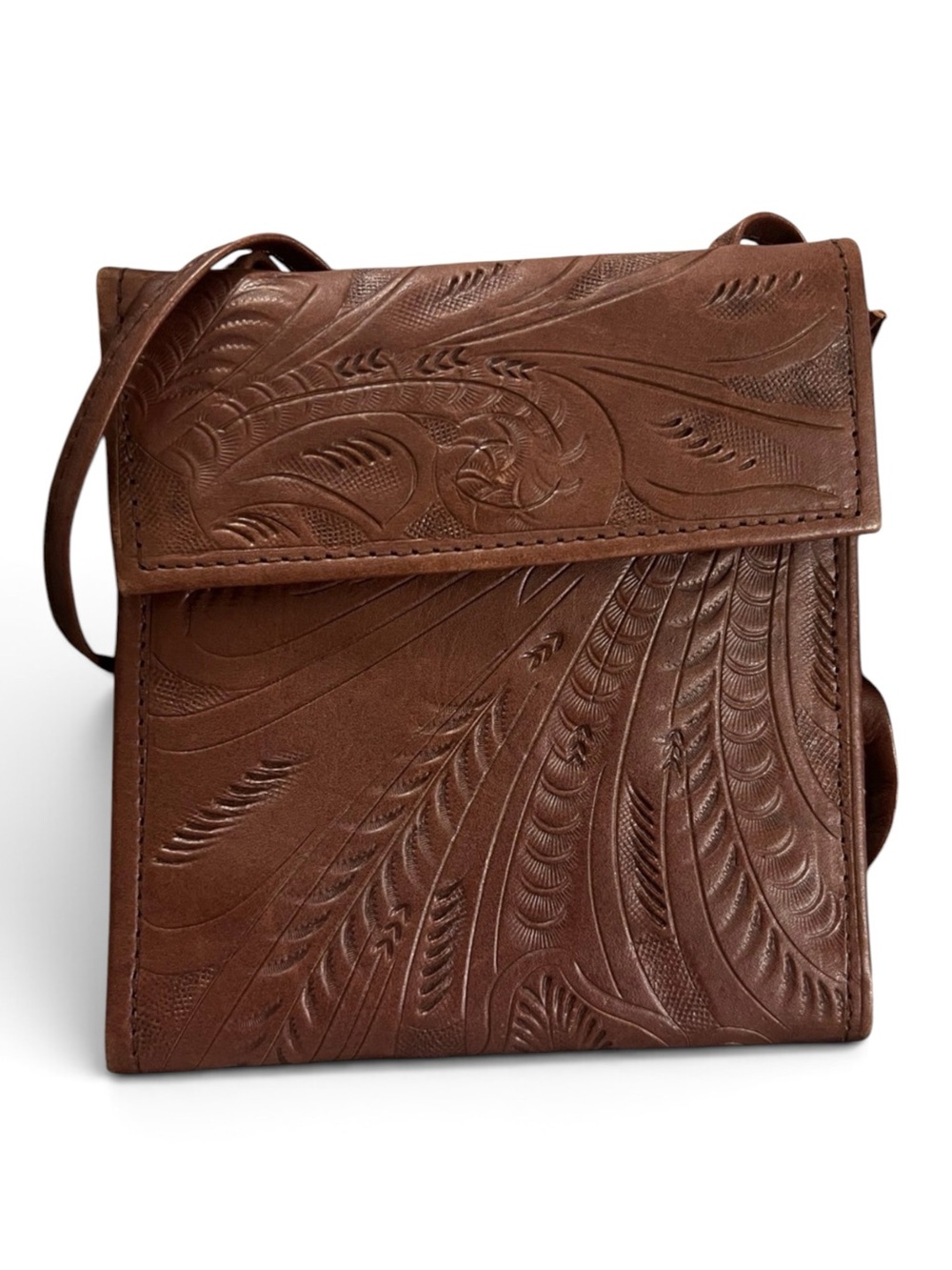 JL Saldivar Vintage Brown Hand Tooled Leather Crossbody Wallet Bag Purse